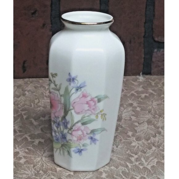 VINTAGE Fine China Bud Vase FLORAL Ivory Pink 6" MADE IN JAPAN Octagon gold trim - Picture 4 of 10